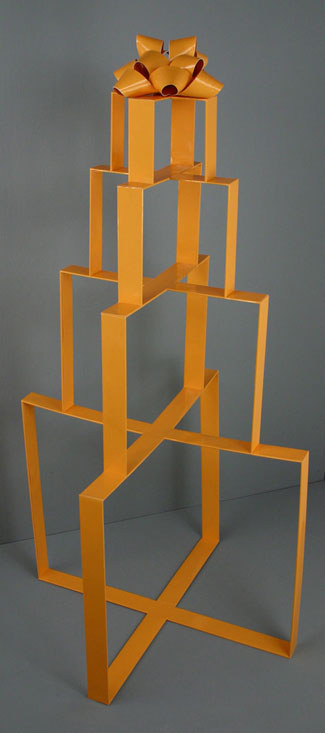 Stacked Orange Present, 2007, balsa wood and paper, 53 x 27 x
		  27 inches / 134 x 69 x 69 cm