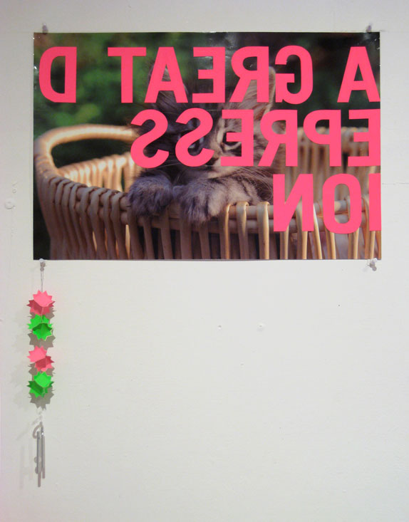 detail: A Great Depression, neon posterboard, found poster, tape, mini flash, glue, found chimes. 23 x 30 inches / 58 x 76 cm