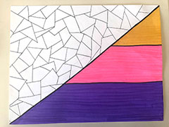 A drawing of a flag bisected diagonally. The upper left triangle is divided into fragments with black lines. The lower right triangle consists of 3 horizontal bars of purple, pink, and yellow.
