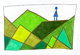 A colorful drawing of a figure on green mountains.