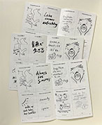 Zine spread with 8 cards with instructions to hug, etc.