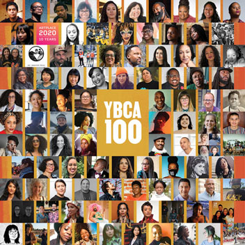YBCA 100 graphic with many many portrait photos of people