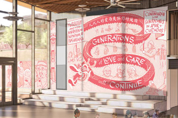 rendering of an artwork with a dragon parade in a architectural rendering of a clubhouse