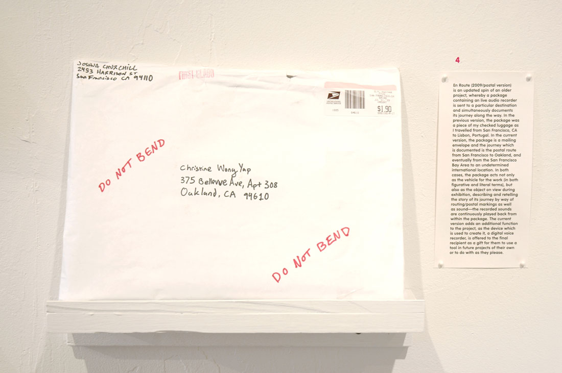 Joshua Churchill, En Route (2009/postal version), 2009, digital voice recorder, mailing envelope, sound, approximately 1×9×12 inches / 2.5×29×30 cm