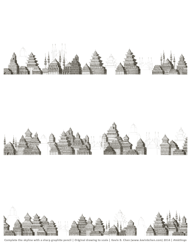 Kevin B. Chen, Under construction. Complete the skyline with a sharp graphite pencil | Original drawing to scale | Kevin B. Chen (www.kevinbchen.com) 2014 | #mkthngs