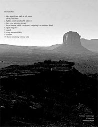Torreya Cummings, The Searchers. the searchers 1. take a purifying bath in salt water 2. clear your mind 3. light a candle (preferably tallow) 4. turn your attention inward 5. focus on that which you desire, conjuring it in intimate detail 6. open craigslist 7. search 8. weep uncontrollably 9. despair 10. there is nothing for you here Torreya Cummings @torreyac #mkthngshppn