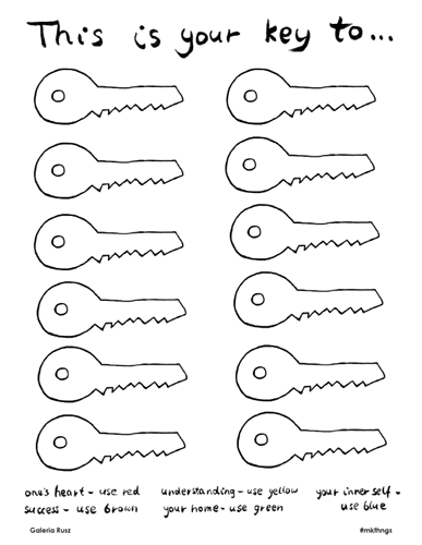 Galeria Rusz, This is your key to....  one's heart—use red. success—use brown. understanding—use yellow. your home—use green. your inner self—use blue. 