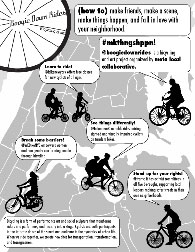 Meta Local Collaborative, (how to) make friends, make a scene, make things happen, and fall in love with your neighborhood Boogie Down Rides. 
#mkthngshppn!
@boogiedownrides is a bicycling and art project organized by meta local collaborative.
Learn to ride!
@bikenewyork offers free classes for new cyclists of all ages.
See things differently!
@IntandemBike holds rides pairing sighted and visually impaired cyclists on tandem bikes.
Break some barriers!
@WEBikeNYC empowers women and non-gender conforming people- through bicycling.
Bicycling is a form of performance art and social sculpture that transforms riders into performers, and the city into a stage. Cyclists are both participants in the intricate dance of the street and audience to the dynamics of urban life. When we ride together, we create new sites for transportation, transformation, and transgression.
Stand up for your rights!
@transalt has activist committees in all five boroughs, supporting local leaders making safer streets in their own neighborhoods.
Bicycling is art.
