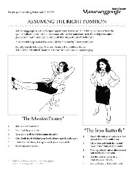 Mail Order Brides/M.O.B., Manananggoogle Training Manual: Assuming The Right Position. Employee Training Manual // TOPS
ASSUMING THE RIGHT POSITION.  Manananggoogle is a model equal opportunity workplace. Our hiring policies redress the gender imbalance rampant in corporate culture: we train women in leadership/executive positions (”Tops”) and men in administrative support roles (”Bottoms”). A successful corporation has a well-defined hierarchy. Know your place. Female/Female-Identified Trainees: Assume the positions below. Male/Male-Identified Trainees: Assume the positions on opposite page. 1. 2. 3. 4. 5. 6. 9 “The Manifest Destiny” Take any seat you want. Lean back in your chair. Raise your well-heeled feet onto the table. Clasp both hands behind your head, elbows spread wide open. Claim your territory, taking as much space as possible. Let them come to you. Mail Order Brides/M.O.B. // #mkthngshppn www.manananggoogle.com/jobs “The Iron Butterfly” 1.	Stand tall with your back erect, feet spread shoulder-width apart. 2.	Make fists with both hands and place them firmly on your waist. 3.	Chin up, slowly survey the room as you inhale your domain. 4.	Feel the power rise up from between your - shoes. 5.	Let the Butterfly Effect take hold