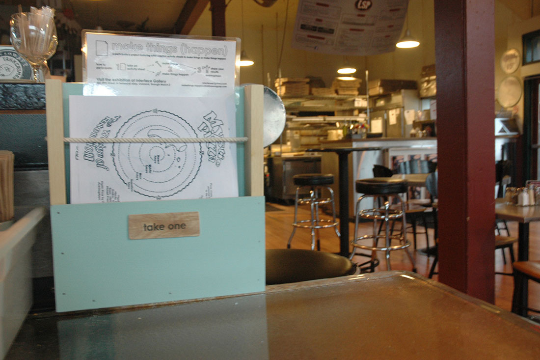 Mystic Pizza crust divination activity sheet by Hannah Jickling and Helen Reed at Lanesplitter Pizza, Telegraph and 48th Street. Look for it at the end of the bar.