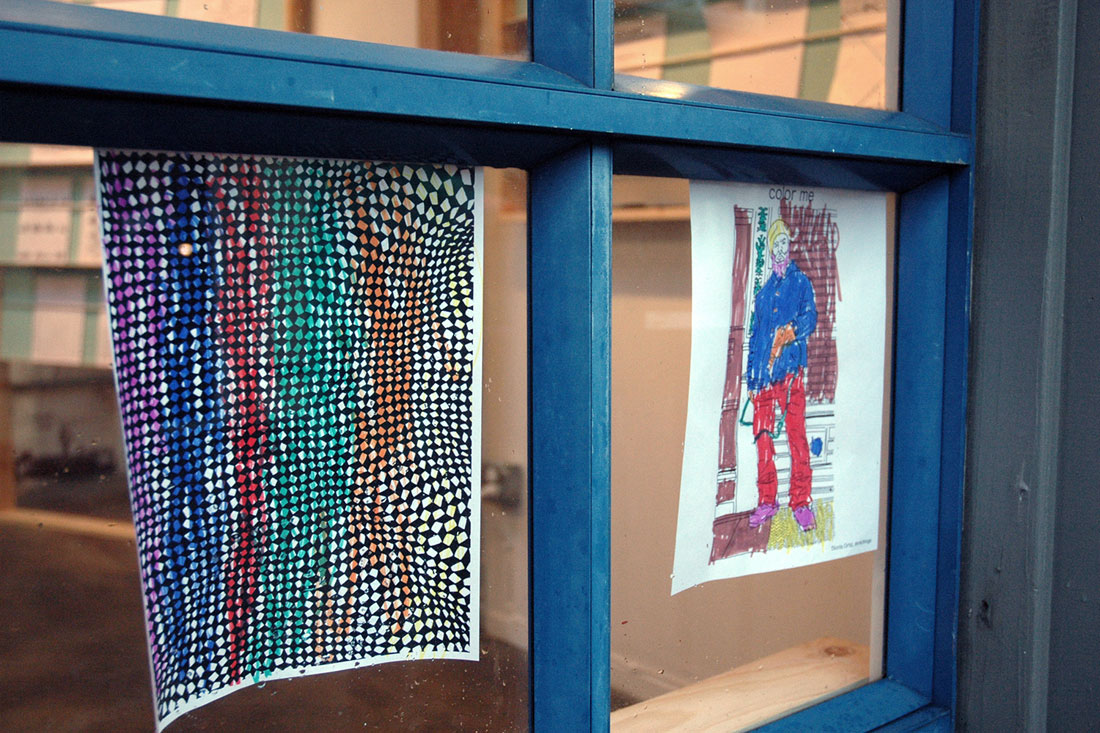 Interface’s windows are a display area for completed activity sheets, such as these sheets by Nick Lally and Dionis Ortiz, by Lila, age 6. 