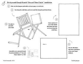 Do-it yourself Joseph Kosuth “One and Three Chairs” installation. 1 Print out this diagram preferably on heavy paper or card stock. 2 Cut along the solid lines, and score and fold along the perforated lines. 3 Use glue to assemble your chair. 4 Draw a picture of your chair within this frame and then cut it out along the solid lines. 5 Cut out this frame and write a definition of the word ‘chair’ within it. 5 Assemble your personal Joseph Kosuth installation of “One and Three Chairs” ca. 1965  Pavel Romaniko 2014 #mkthngshppn