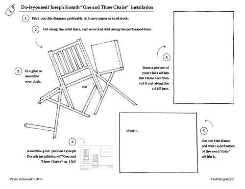 Do-it yourself Joseph Kosuth “One and Three Chairs” installation. 1 Print out this diagram preferably on heavy paper or card stock. 2 Cut along the solid lines, and score and fold along the perforated lines. 3 Use glue to assemble your chair. 4 Draw a picture of your chair within this frame and then cut it out along the solid lines. 5 Cut out this frame and write a definition of the word ‘chair’ within it. 5 Assemble your personal Joseph Kosuth installation of “One and Three Chairs” ca. 1965  Pavel Romaniko 2014 #mkthngshppn