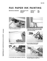fax paper ink painting. Materials needed
· Heat-sensitive fax paper · Mailing tube
· Glue gun
· Soldering iron · Hair dryer
· Electricity
· Glue · Blade · Ruler
page one
1. These are the materials you will need.
3. Use glue to combine a few sheets of fax paper into one large one.
5. Use the heated nozzle of a glue gun for medium lines.
2. Measure and cut fax paper to size. For the height, roughly measure with the mailing tube that will be at each end of the painting.
4. Turn on hair dryer and aim at fax paper. Watch bold and fuzzy marks appear.
6. Use the heated nozzle of a soldering iron for fine lines. Be careful. Unplug cord if iron get too hot.
tattfoo:DIY:EvERYonE IS an aRTIST
#mkthngshppn
