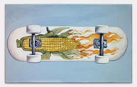 Lauren Frances Adams, 2015, Corn on Fire Skateboard, acrylic on canvas, 12 x 18 inches.