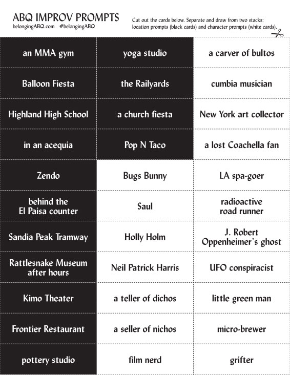 A sheet that can be cut up to create 33 cards with Albuquerque-inspired locations and characters.