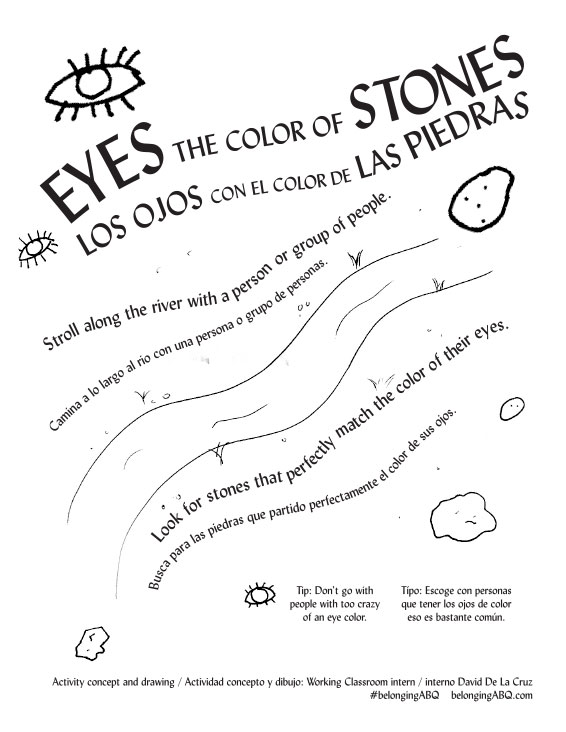 An activity box located near the Paseo del Bosque trail at Central holds Eyes the Color of Stones / Los Ojos con el Color de las Piedras, an observation activity by Working Classroom intern DAVID DE LA CRUZ.