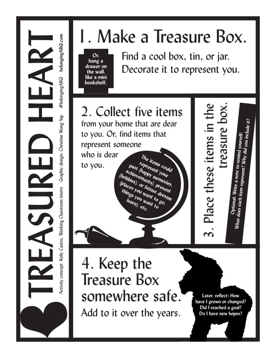 Treasured Heart, a collecting
activity concept by KEILY CASTRO (with additions by Christine Wong Yap inspired by “the symbolic ecology of the home” as described by Mihaly Csikzentmihalyi and Eugene Rochberg-Halton in The Meaning of Things: Domestic Symbols and the Self).