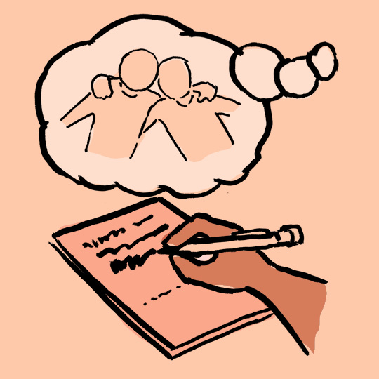hand writing on paper, with a thought bubble of two people embracing