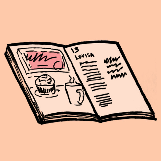 book with text and a photo of a certificate and muffin