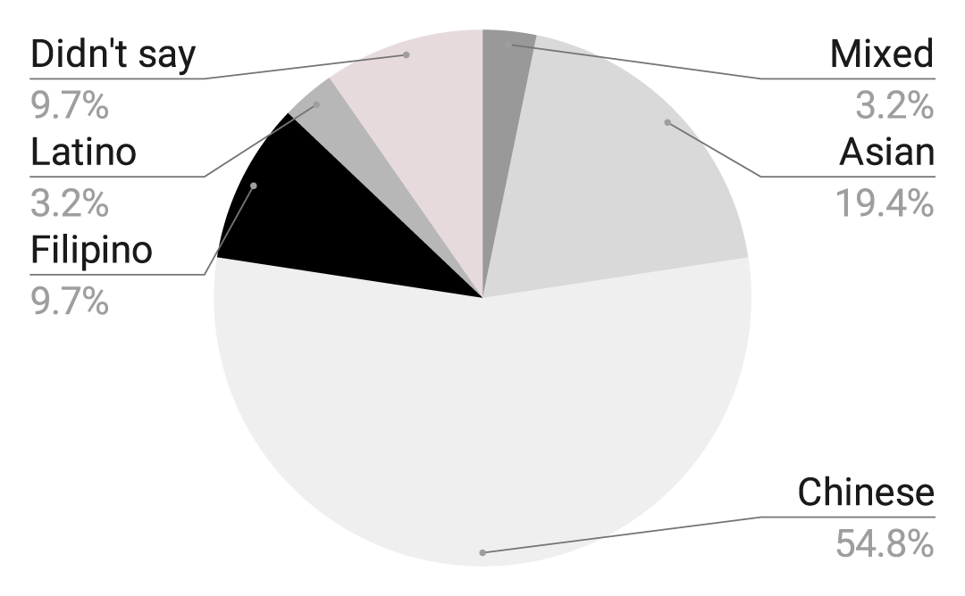6	Asian. 
17	Chinese.
3	Filipino.
1	Latino.
4	didn't say
