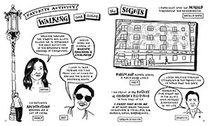 comic book illustration of vignettes about walking and sight seeing, including a large public art mural on an apartment block, and an elaborate lamppost with Chinese motifs