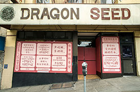 Photo of Dragon Seed Bridal and Photography storefront. A big sign above reads, Dragon Seed in brown text on white background. Below, the window is boarded up and covered in a wheatpasted poster. The text on the poster is in English and Chinese. It reads: Hopes for Chinatown. To see people living and working in peace and harmony, by Alina. Everyone in Chinatown will be safe and healthy. Anonymous. Less discrimination. More Understanding. YY. Chinatown's Generations of love and care will continue. Sunflower. The text is in red in light pink boxes on a background of red with a scale-like pattern of overlapping concentric circles.
