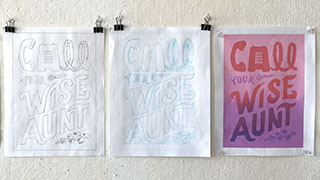 A pencil sketch of the print design in graphite and blue pencil and a color printout.