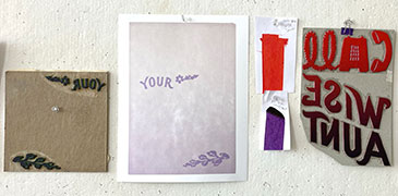 foam mounted on board and cut to reflect the design, plus ink in the colors of the final print swiped on paper from a putty knife.