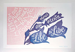 Artwork with the text, 'I got caught up in so much shame that I forgot,' rendered in white text as part of spider web on a pink background, with the text, 'I forgot there's still plenty of life to live' rendered in white cursive text on blue harebell flowers.