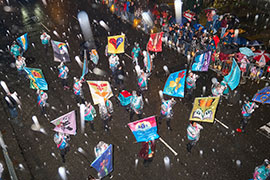 The parade contingent seen from above, with rain